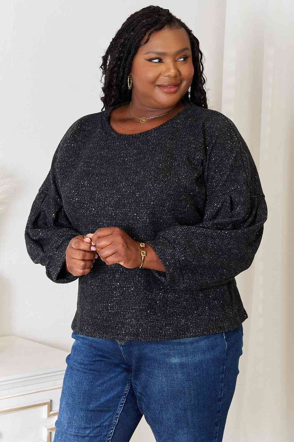 Jade By Jane Full Size Boat Neck Glitter Long Sleeve Top - AllIn Computer