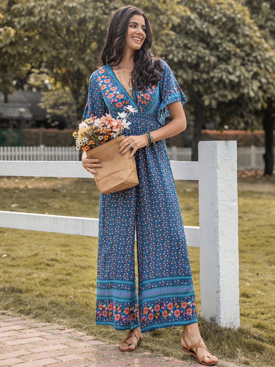 Floral Surplice Flutter Sleeve Jumpsuit - AllIn Computer