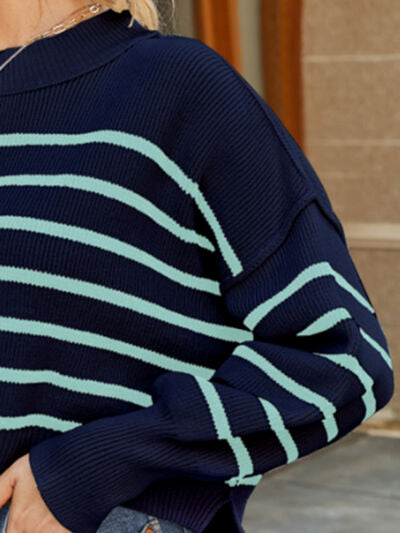 Round Neck Striped Lantern Sleeve Sweater - AllIn Computer