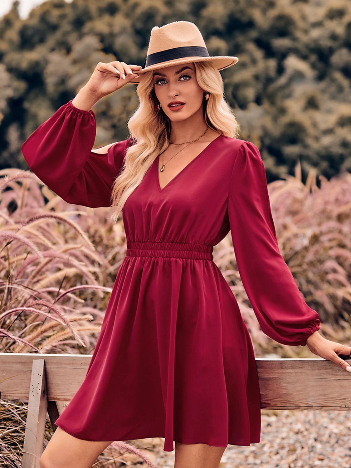 V-Neck Split Sleeve Mini Dress - AllIn Computer
