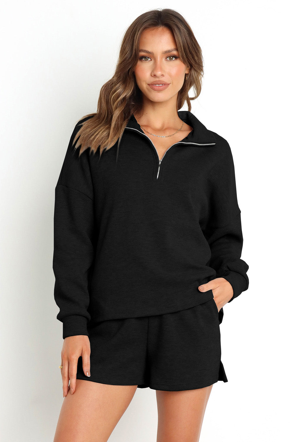 Collared Neck Zip-Up Top and Slit Shorts Set - AllIn Computer