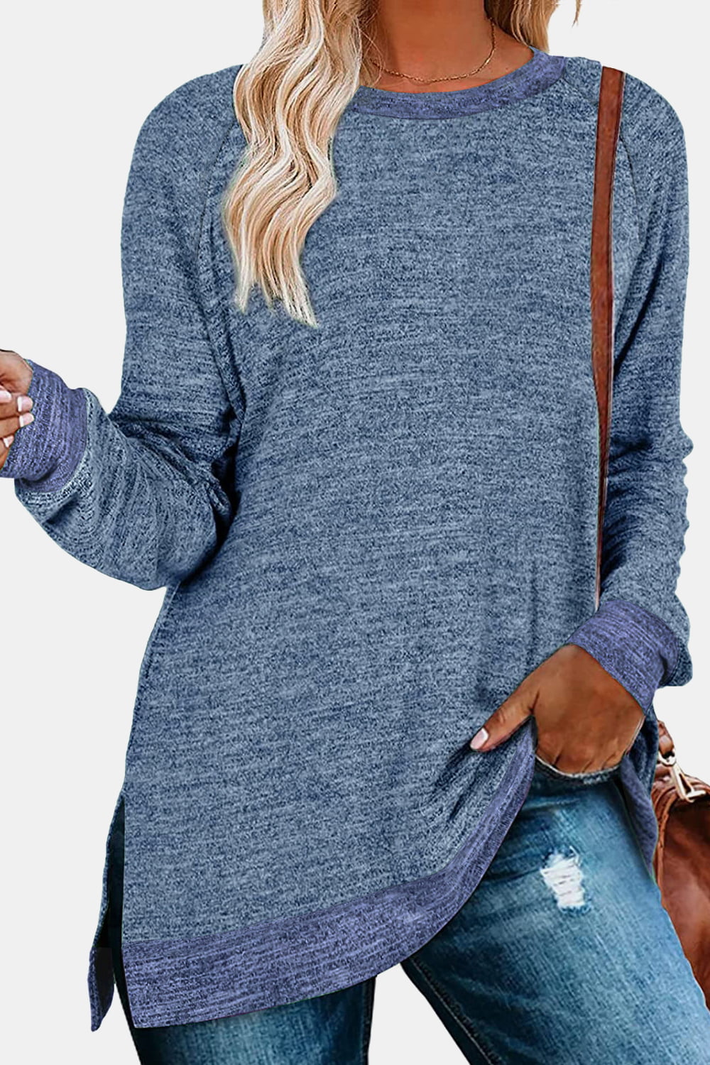 Round Neck Long Sleeve Slit T-Shirt - AllIn Computer