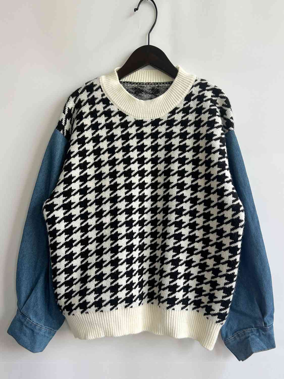 Houndstooth Denim Sleeve Sweater - AllIn Computer