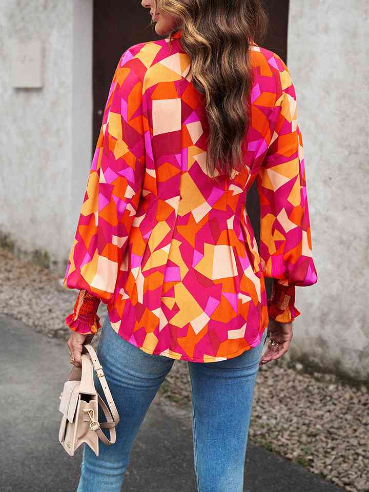 Printed Button-Up Lantern Sleeve Shirt - AllIn Computer
