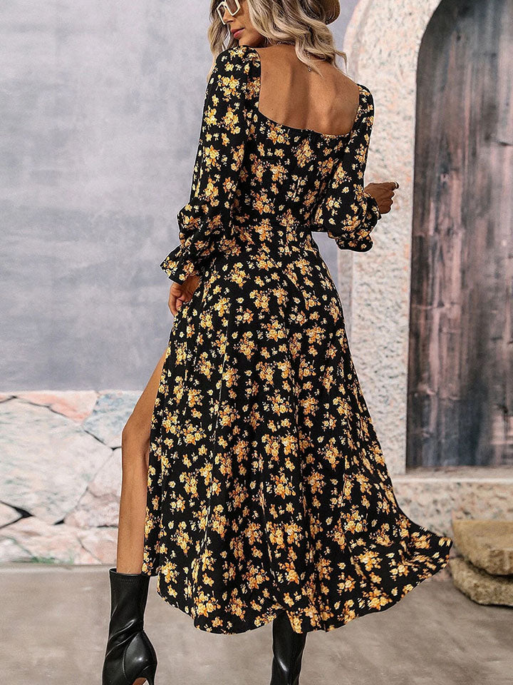 Square Neck Printed Slit Dress - AllIn Computer