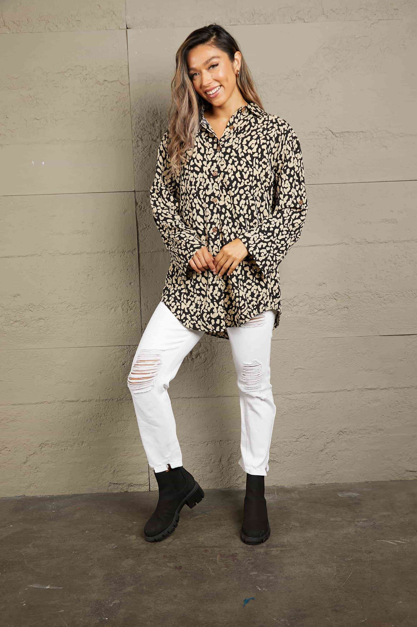 Double Take Leopard Roll-Tap Sleeve Shirt - AllIn Computer