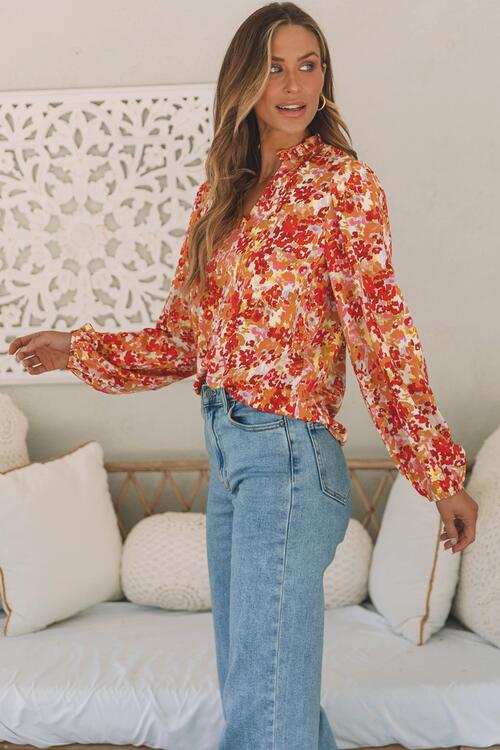 Floral Notched Balloon Sleeve Blouse - AllIn Computer