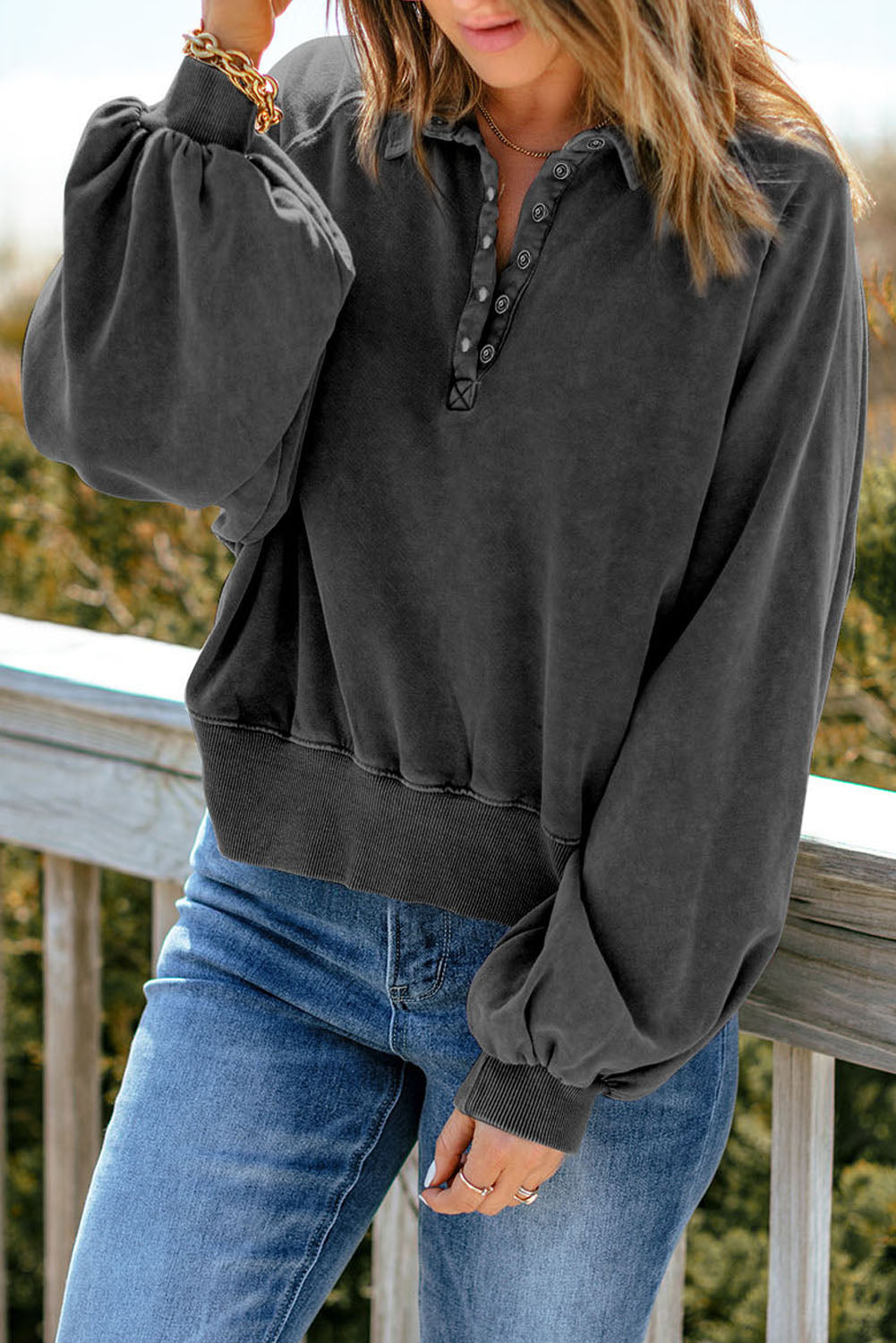 Quarter-Snap Collared Lantern Sleeve Sweatshirt - AllIn Computer