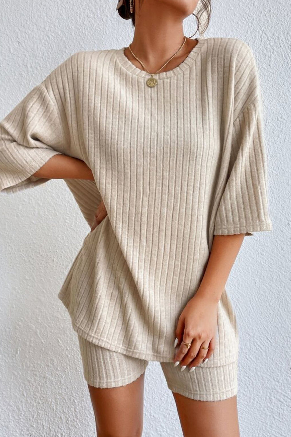 Round Neck Ribbed Top and Shorts Lounge Set - AllIn Computer