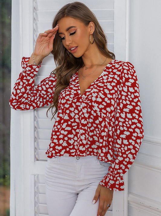 Printed V-Neck Flounce Sleeve Blouse - AllIn Computer