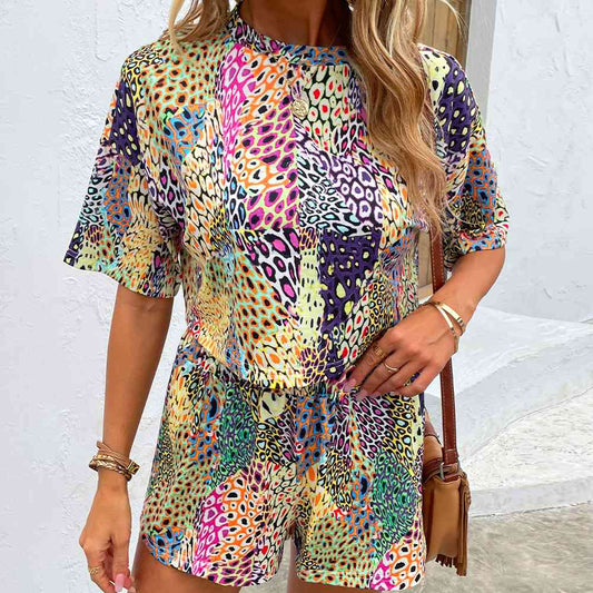 Printed Round Neck Dropped Shoulder Half Sleeve Top and Shorts Set - AllIn Computer