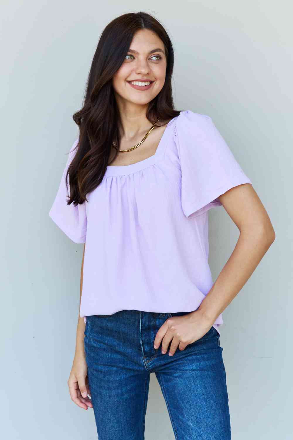 Ninexis Keep Me Close Square Neck Short Sleeve Blouse in Lavender - AllIn Computer