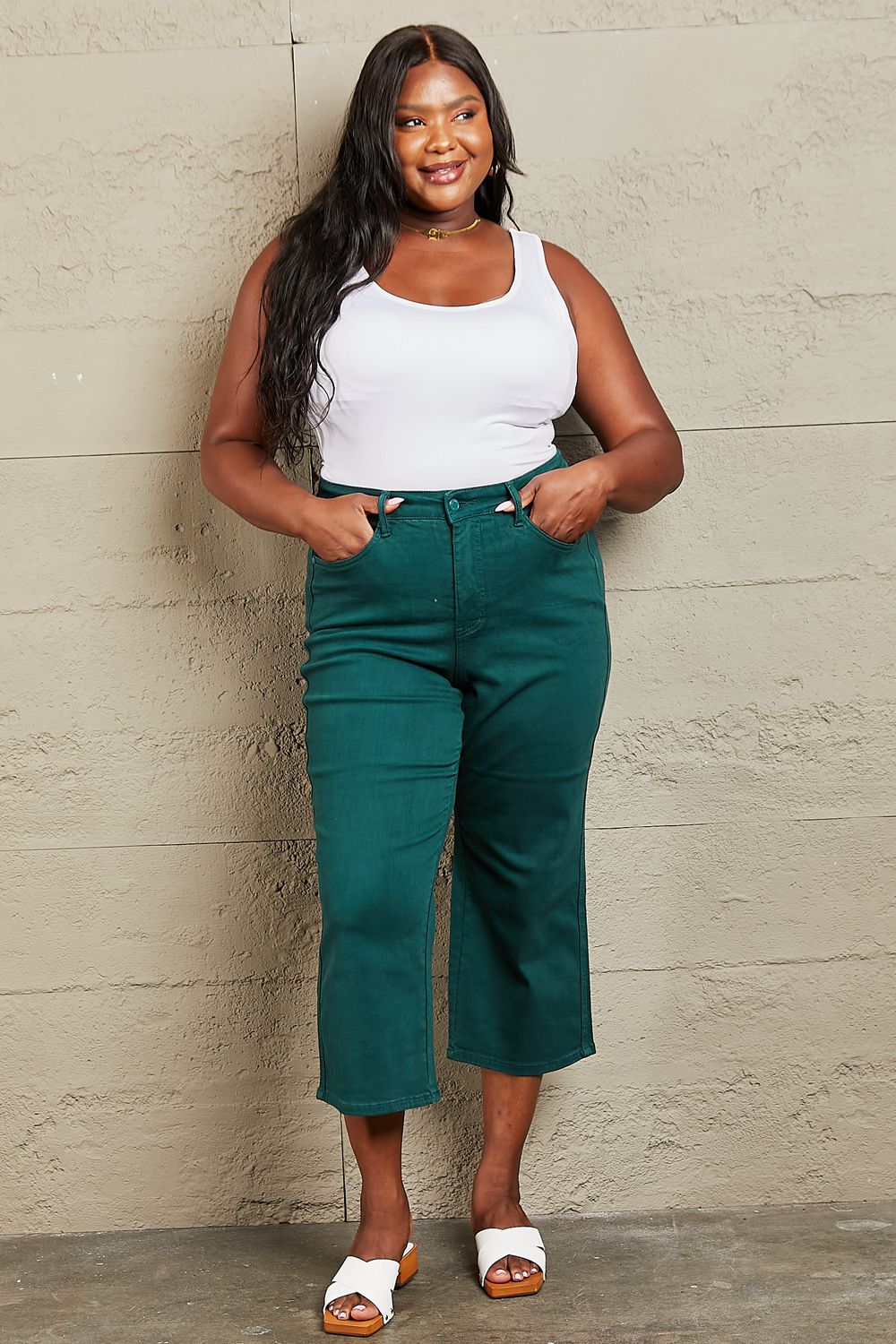 Judy Blue Hailey Full Size Tummy Control High Waisted Cropped Wide Leg Jeans - AllIn Computer