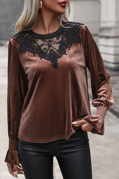 Lace Detail Round Neck Smocked Flounce Sleeve Blouse - AllIn Computer