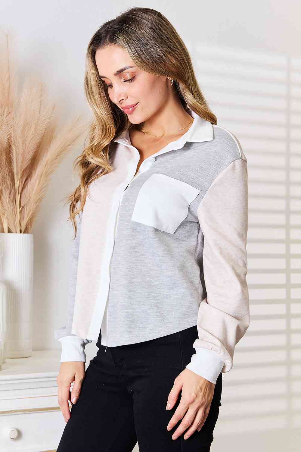 Double Take Color Block Curved Hem Shirt - AllIn Computer