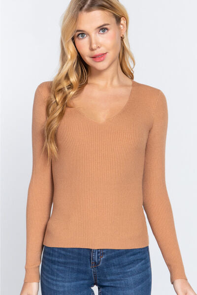 ACTIVE BASIC V-Neck Fitted Viscose Rib Knit Top - AllIn Computer