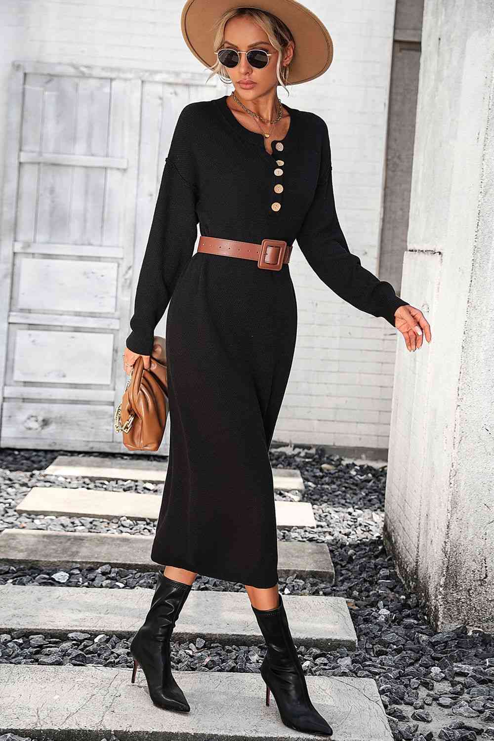 Notched Neck Dropped Shoulder Button-Down Midi Dress - AllIn Computer