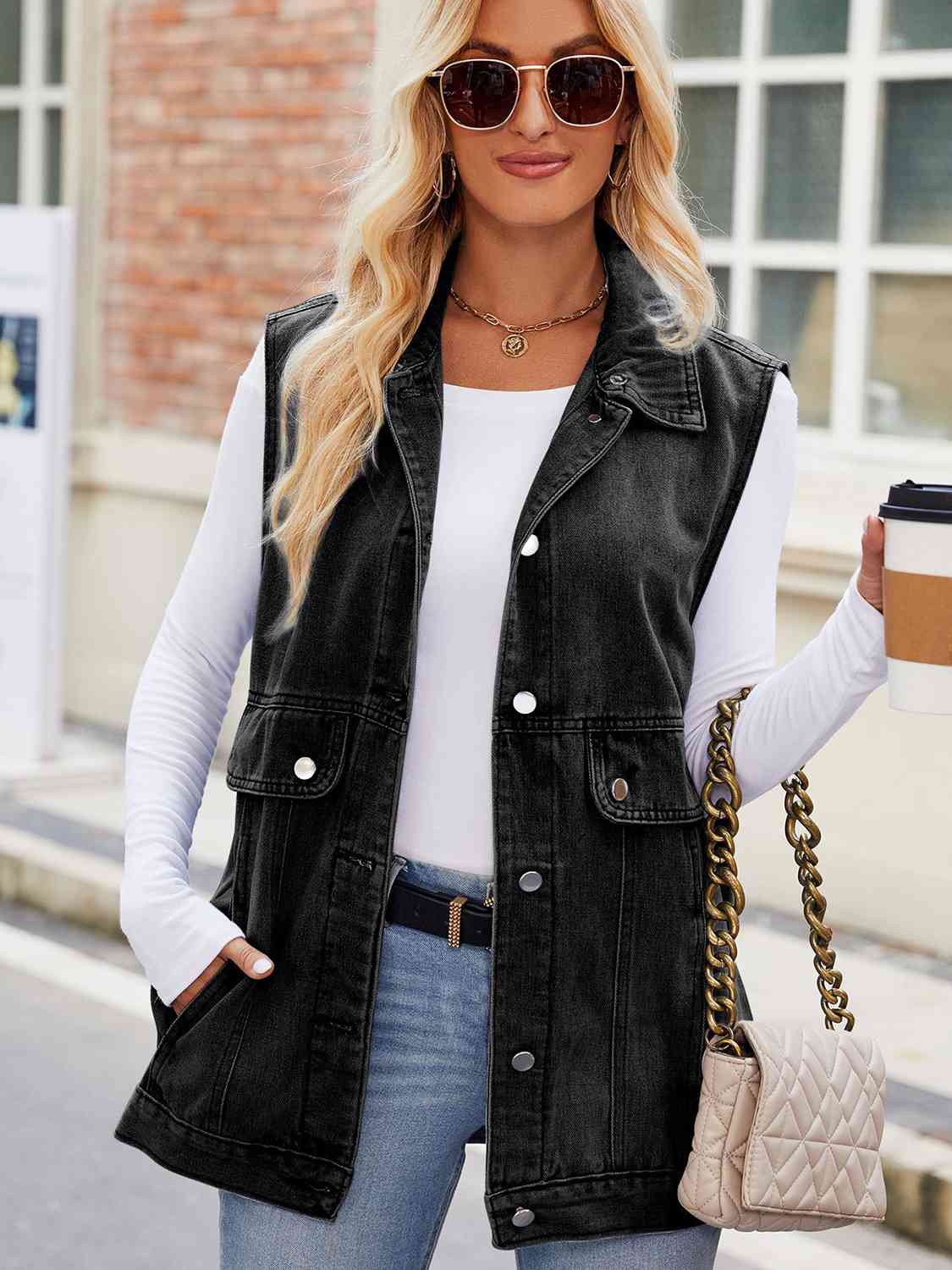 Button Up Collared Neck Denim Jacket with Pockets - AllIn Computer