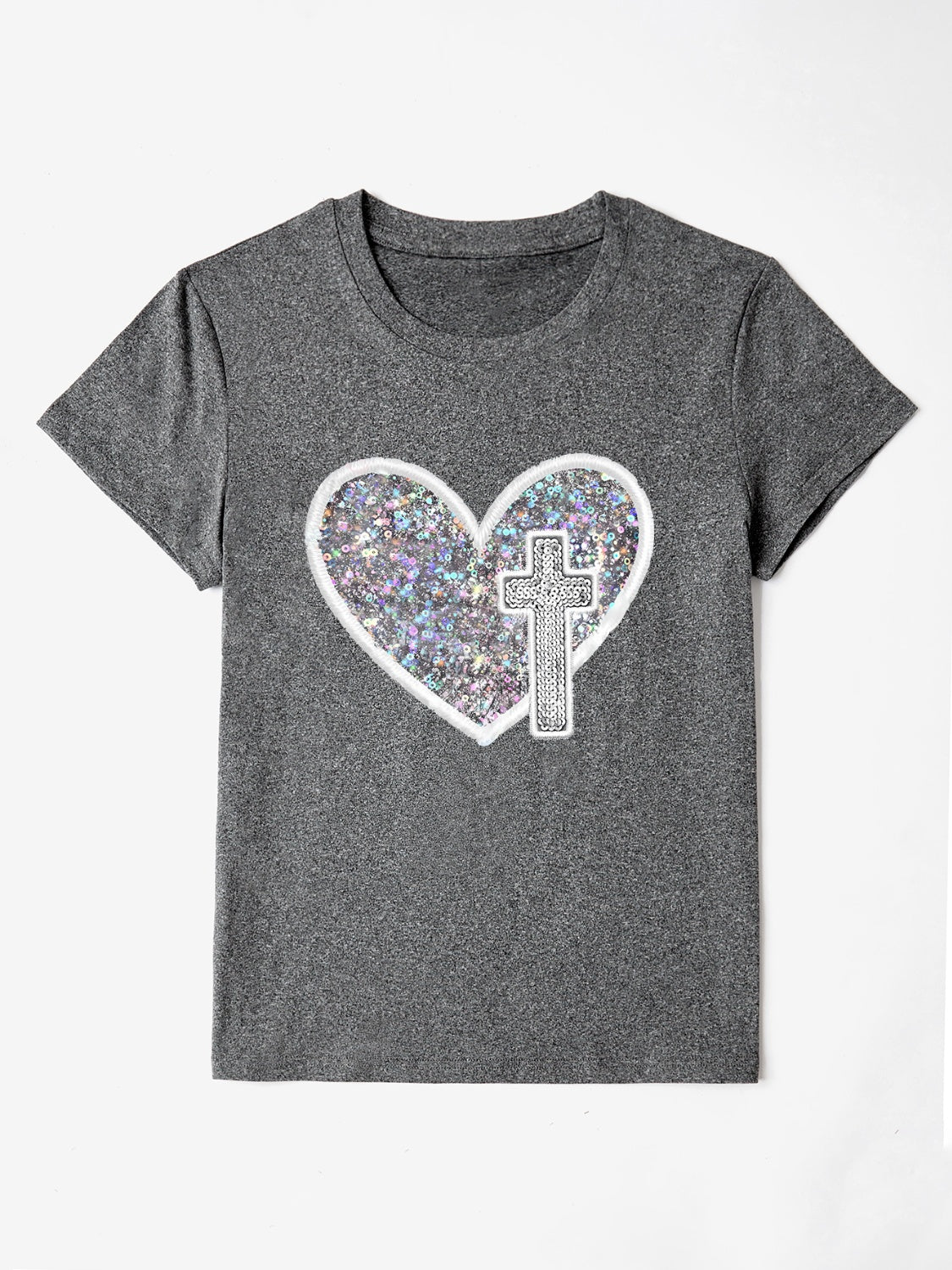 Sequin Heart Round Neck Short Sleeve T-Shirt - AllIn Computer