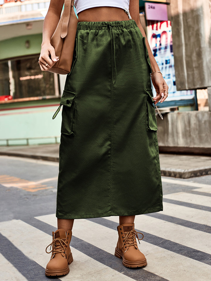 Drawstring Waist Slit Denim Skirt - AllIn Computer