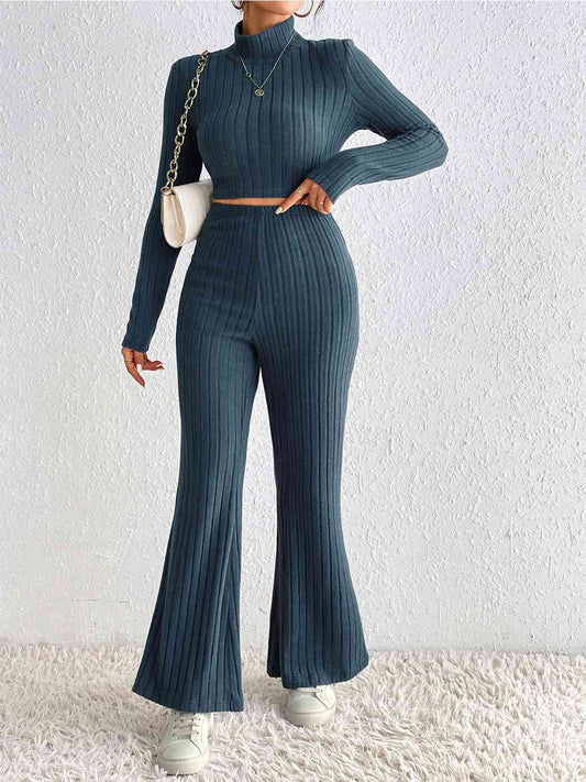 Ribbed Mock Neck Cropped Sweater & High Waist Pants Set - AllIn Computer