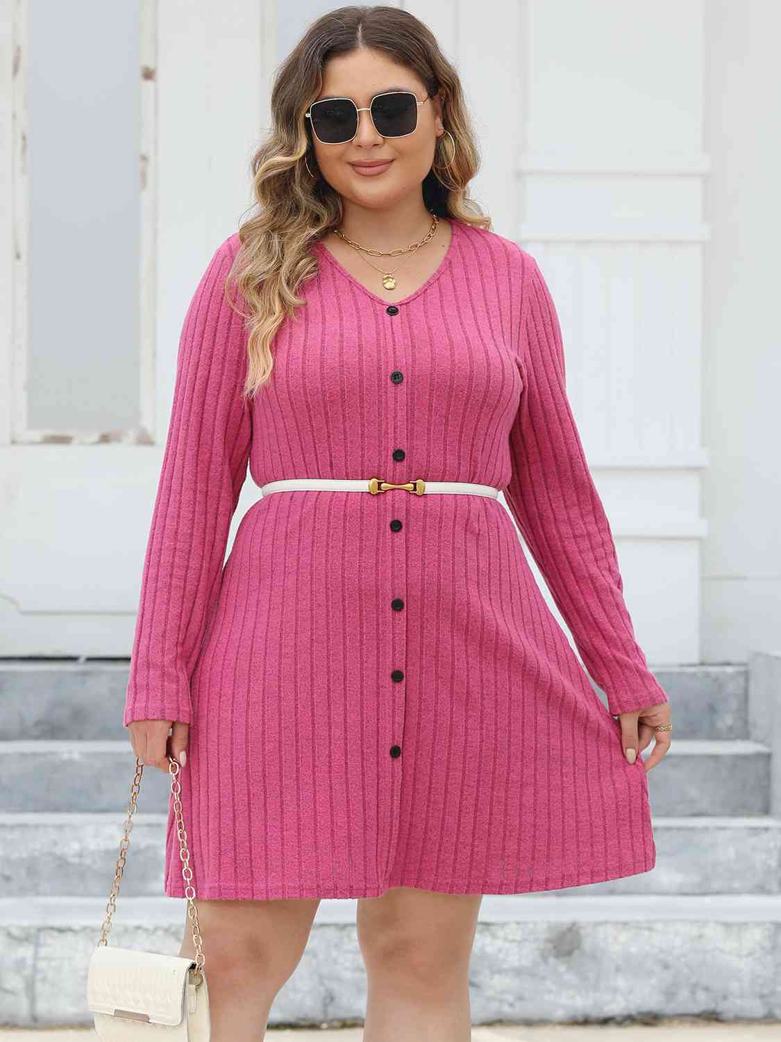 Plus Size Ribbed Buttoned V-Neck Long Sleeve Dress - AllIn Computer