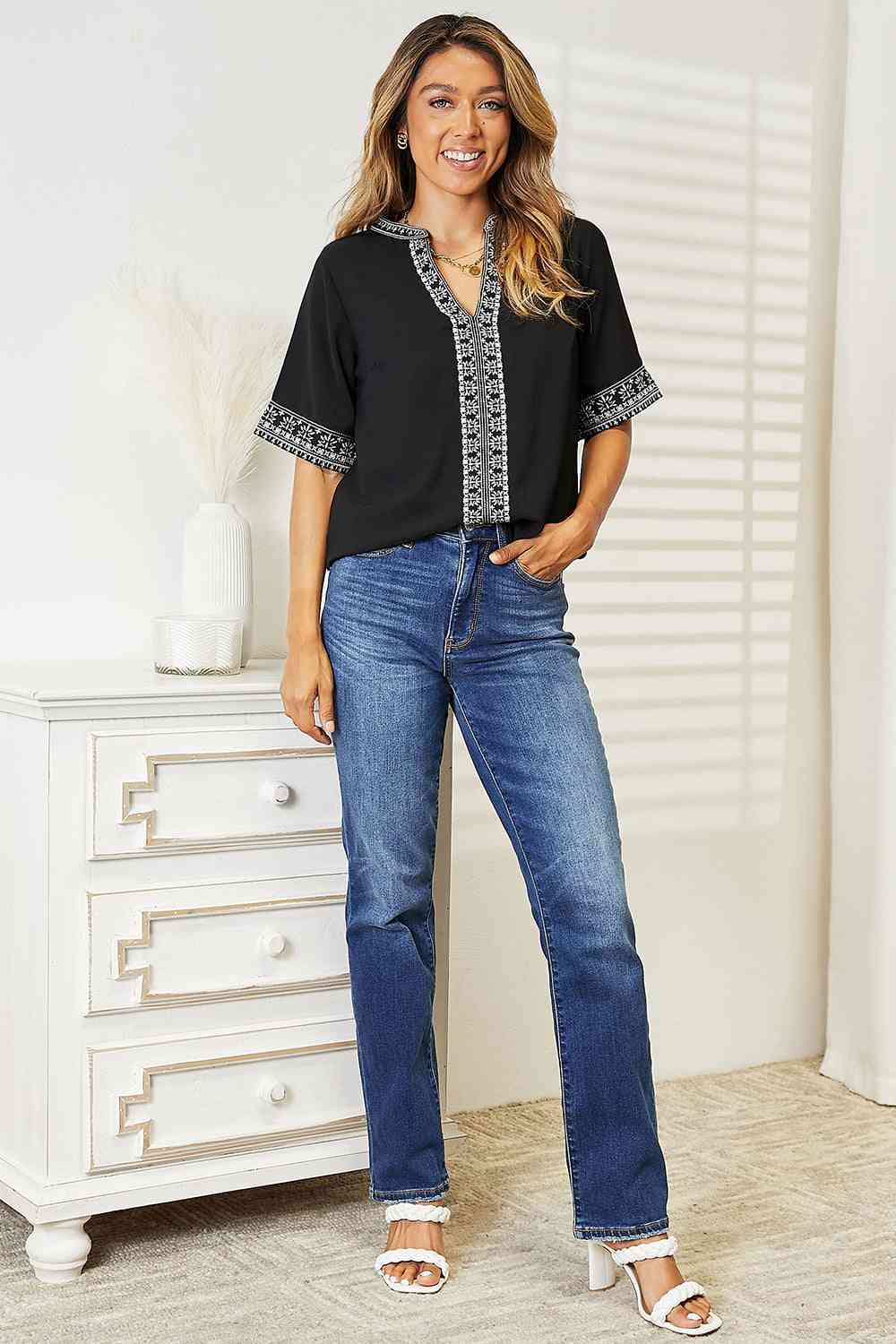 Double Take Embroidered Notched Neck Top - AllIn Computer