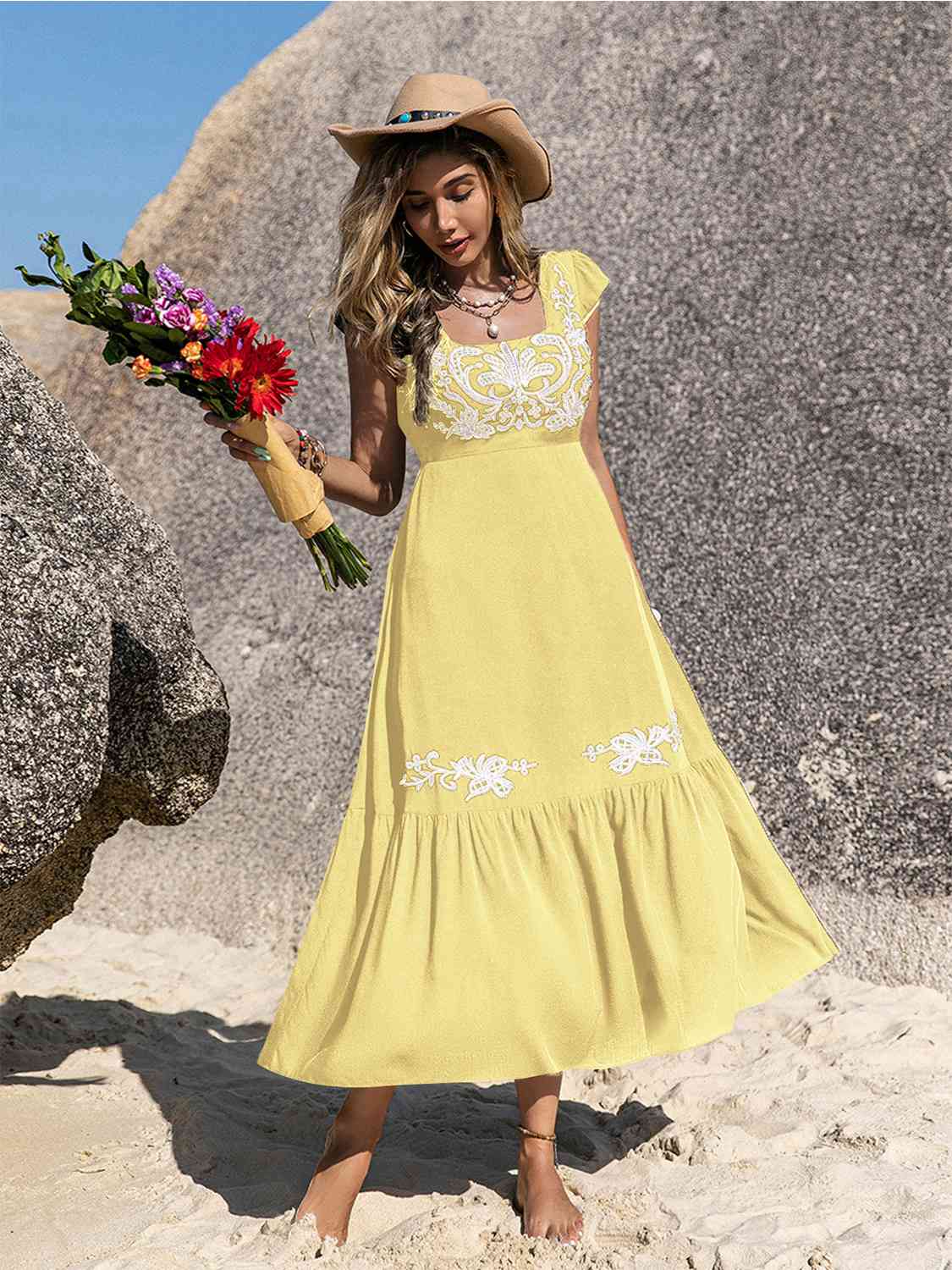 Embroidered Square Neck Ruffle Hem Dress - AllIn Computer