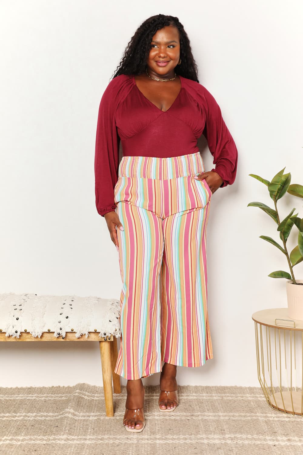 Double Take Striped Smocked Waist Pants with Pockets - AllIn Computer