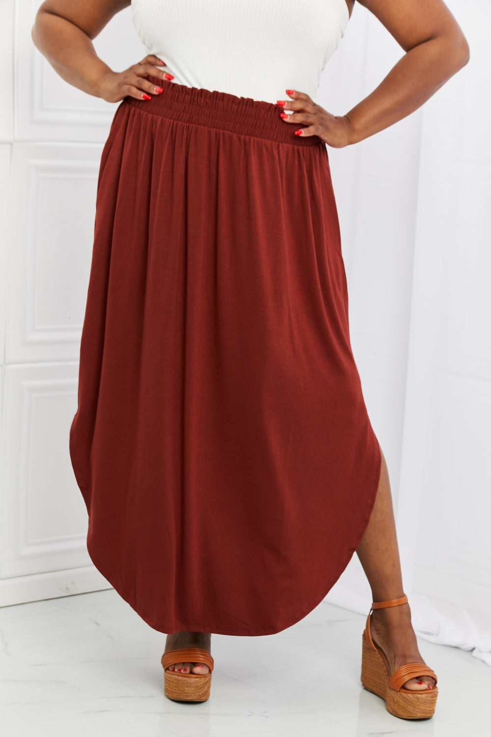 Zenana It's My Time Full Size Side Scoop Scrunch Skirt in Dark Rust - AllIn Computer