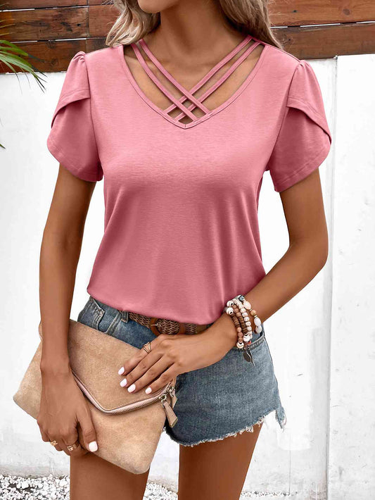 Strappy V-Neck Petal Sleeve Top - AllIn Computer