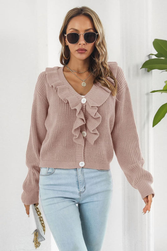 Ruffle Trim Button-Down Dropped Shoulder Sweater - AllIn Computer