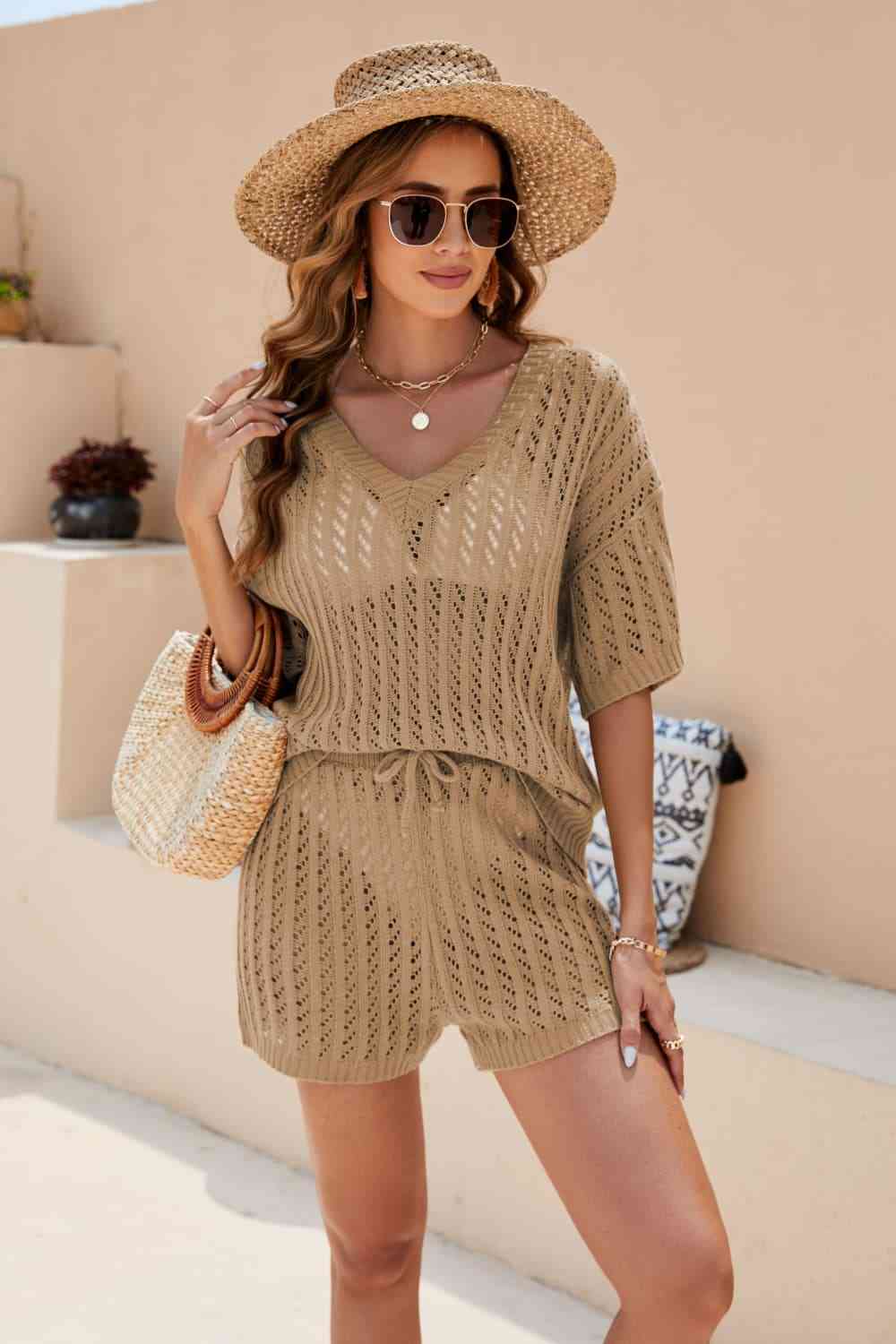 Openwork V-Neck Top and Shorts Set - AllIn Computer
