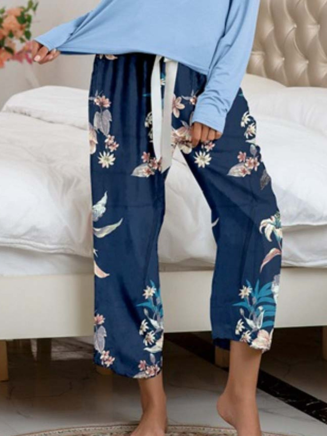 Round Neck Top and Printed Pants Lounge Set - AllIn Computer