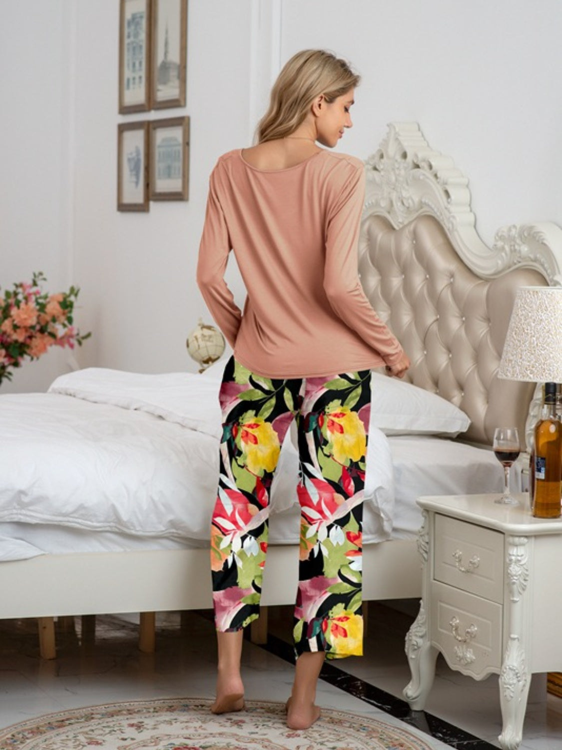 Round Neck Top and Printed Pants Lounge Set - AllIn Computer