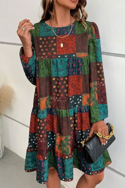Printed Balloon Sleeve Tiered Dress - AllIn Computer