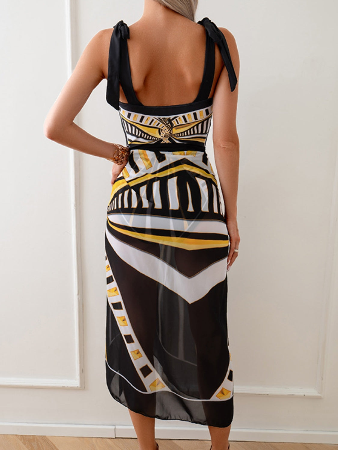 Printed V-Neck Tie Shoulder Swimwear and Skirt Set - AllIn Computer