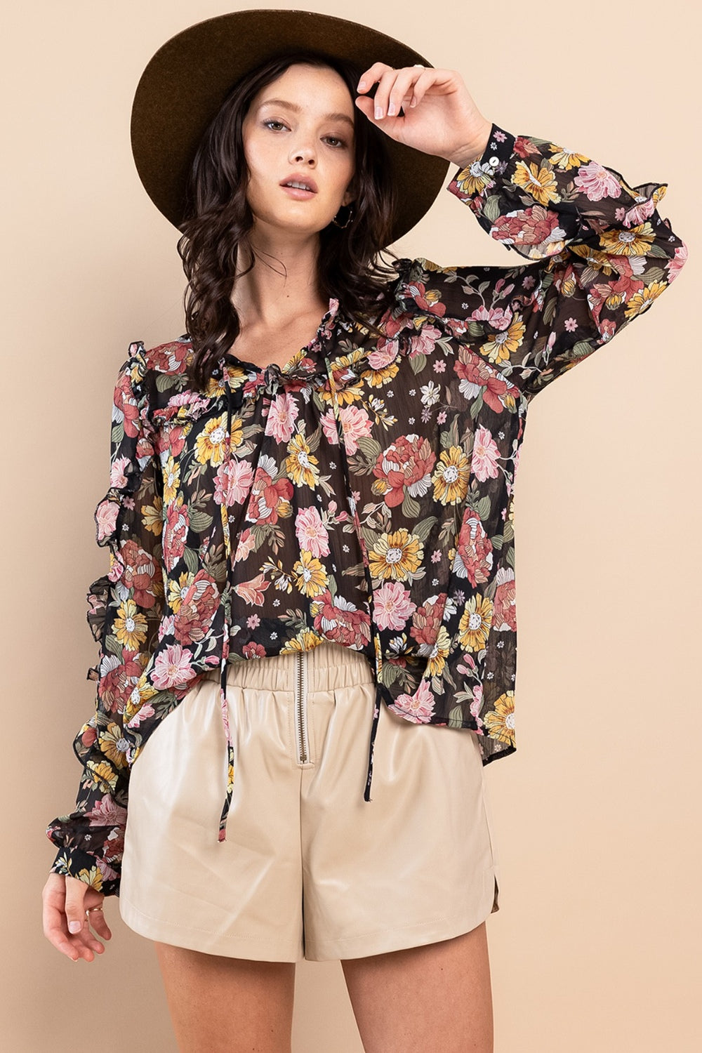 Ces Femme Ruffle Trim Long Sleeve Floral Blouse - AllIn Computer