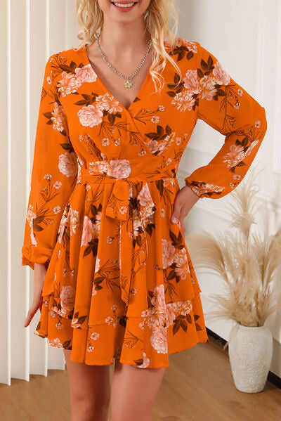 Floral Surplice Layered Tie-Waist Mini Dress - AllIn Computer