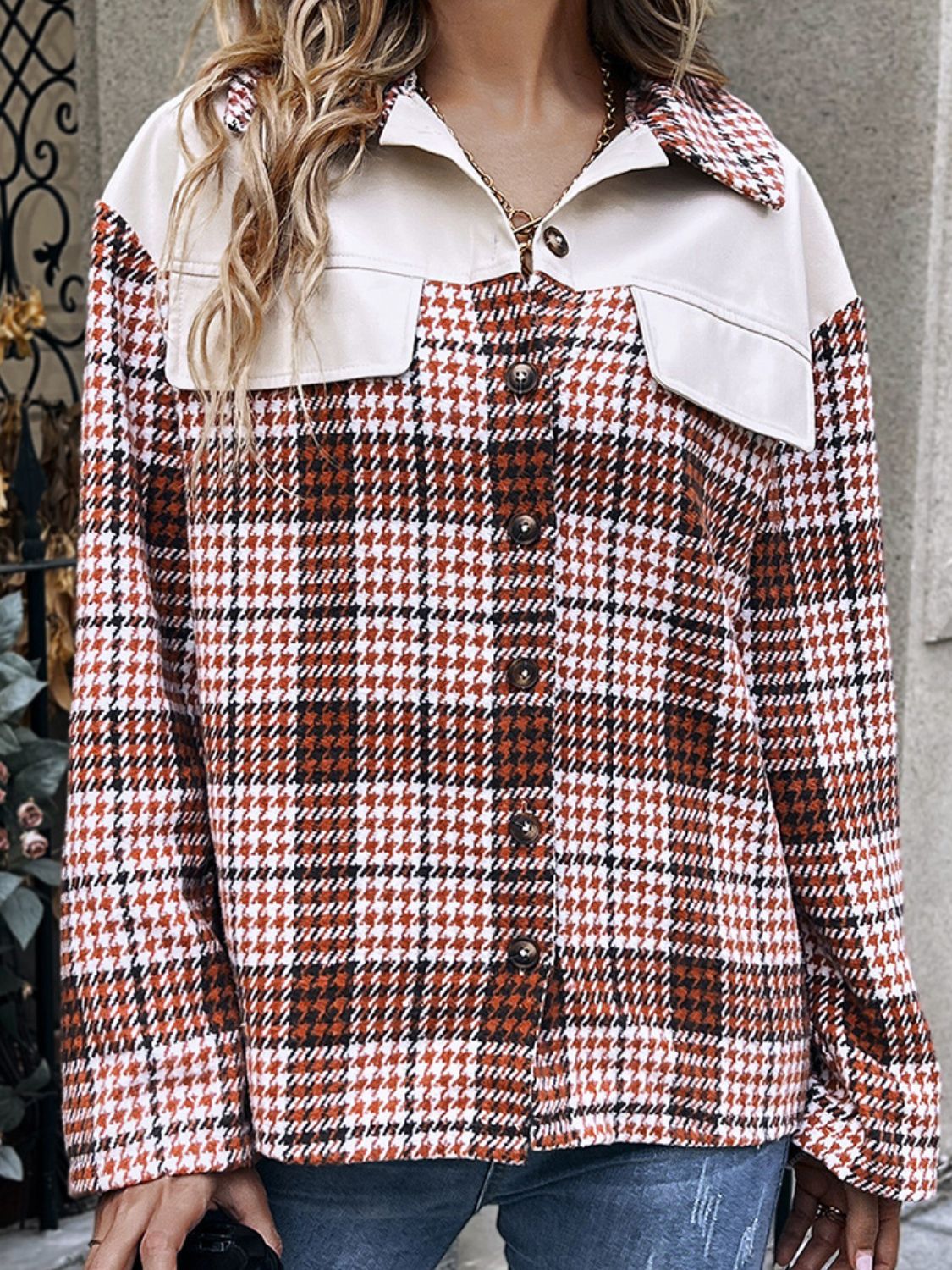 Plaid Collared Neck Drop Shoulder Jacket - AllIn Computer