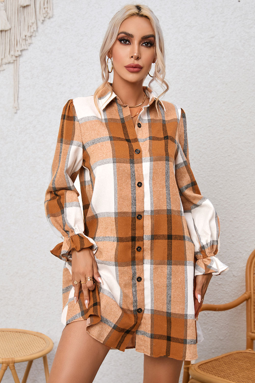 Plaid Collared Neck Flounce Sleeve Shirt Dress - AllIn Computer