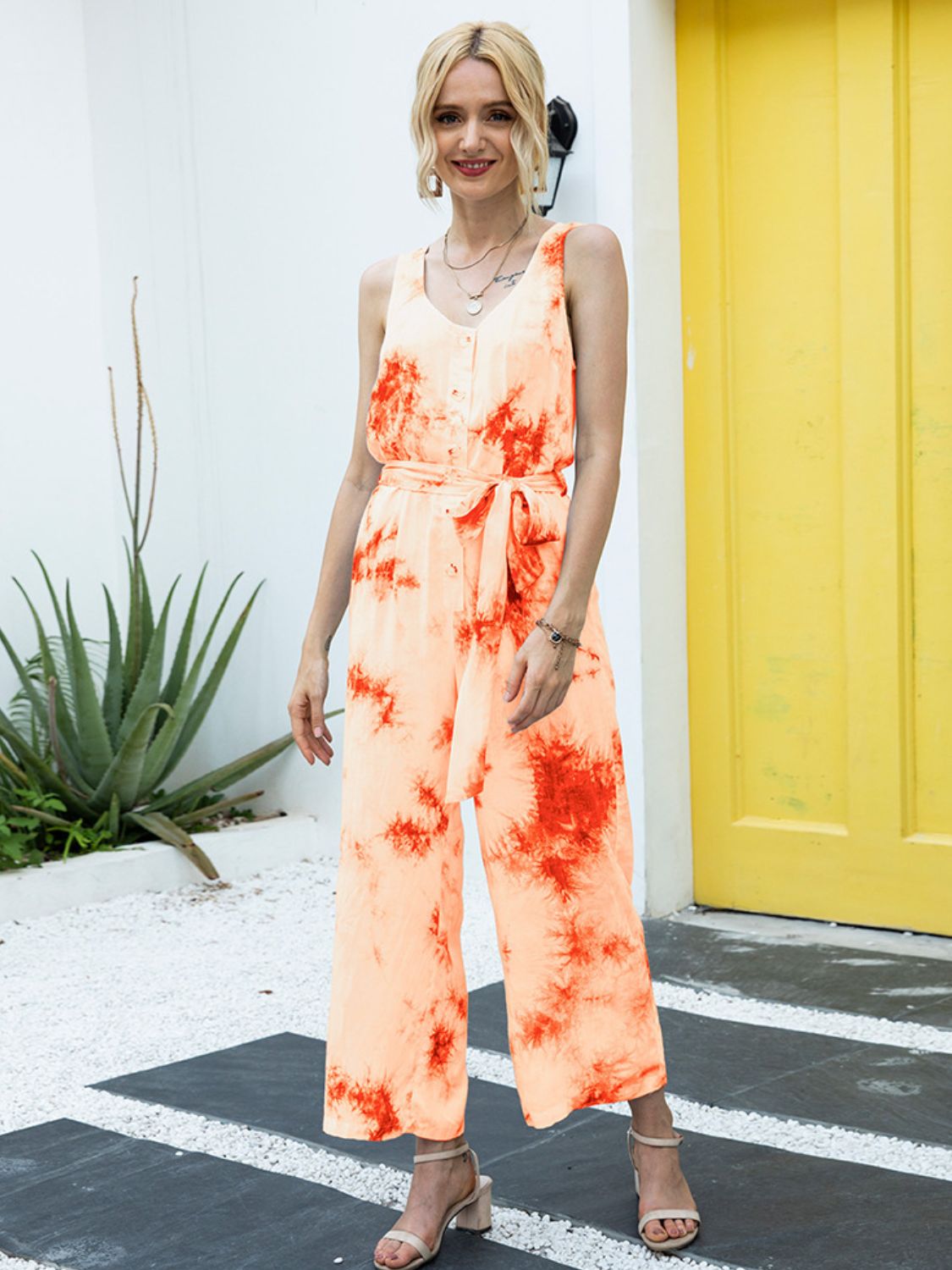 Tie-Dye Tie Waist Sleeveless Jumpsuit - AllIn Computer