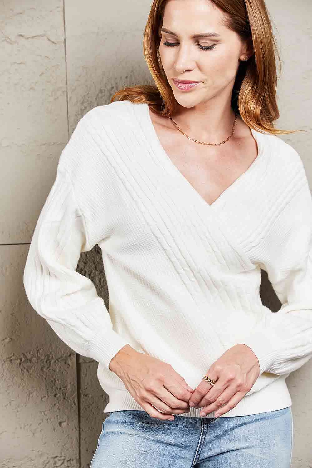 Double Take Ribbed Puff Sleeve Surplice Sweater - AllIn Computer