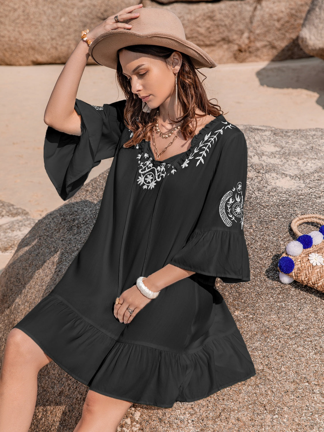 Printed Tie Neck Flounce Sleeve Mini Dress - AllIn Computer