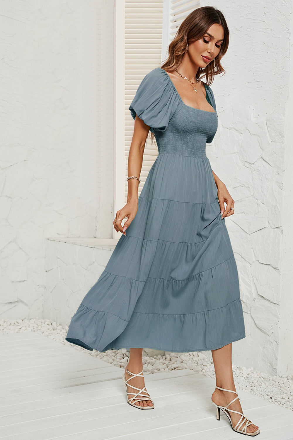 Smocked Square Neck Puff Sleeve Dress - AllIn Computer