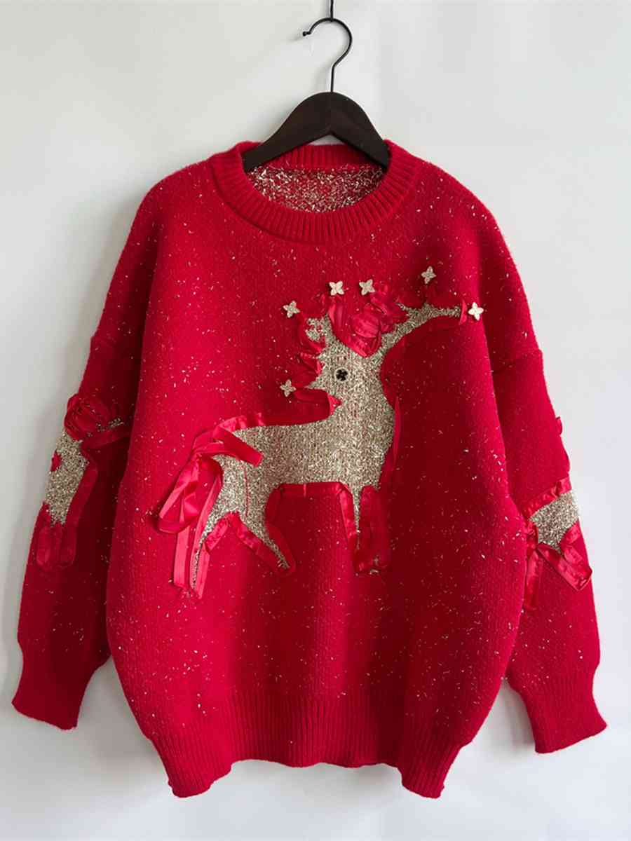 Reindeer Round Neck Long Sleeve Sweater - AllIn Computer