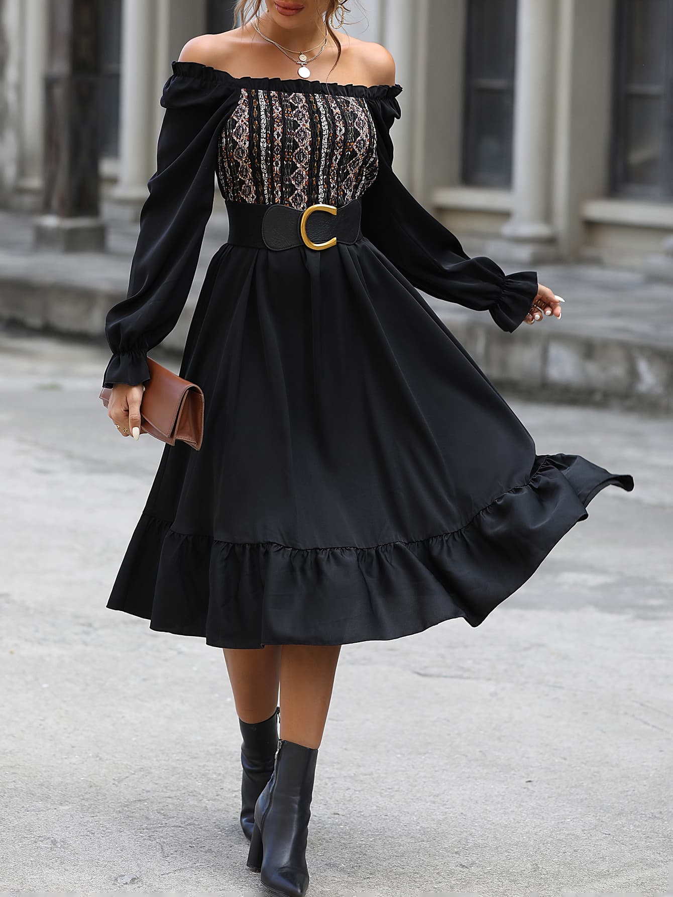 Off-Shoulder Printed Flounce Sleeve Midi Dress - AllIn Computer