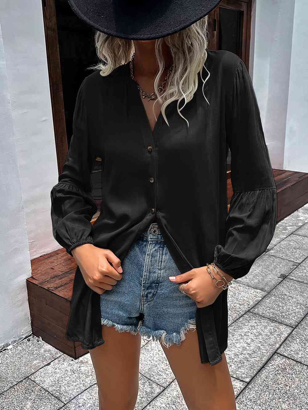 Double Take Notched Neck Balloon Sleeve Shirt - AllIn Computer