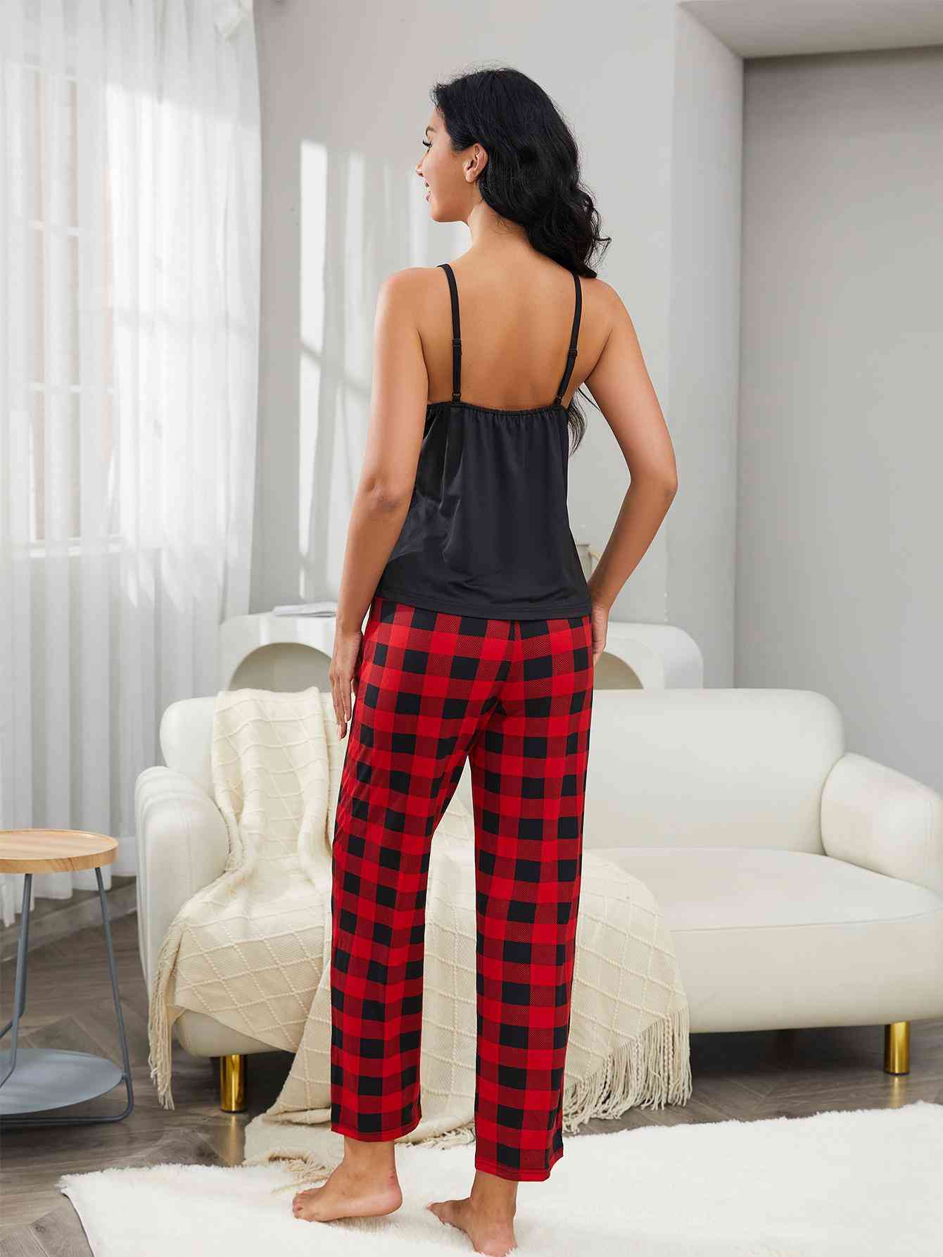 Lace Trim Cami and Plaid Pants Lounge Set | CLOTHING,SHOES & ACCESSORIES | H2J, lounge wear, loungewear, outfit sets, Ship From Overseas | Trendsi