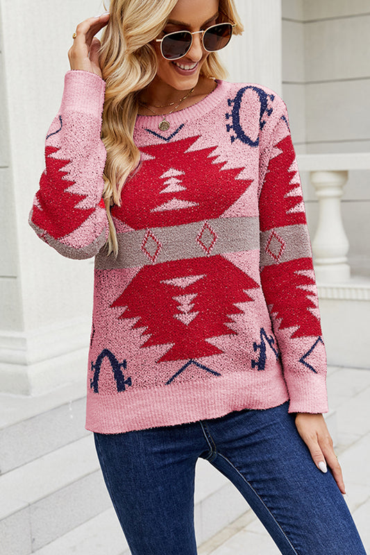 Printed Round Neck Long Sleeve Sweater - AllIn Computer